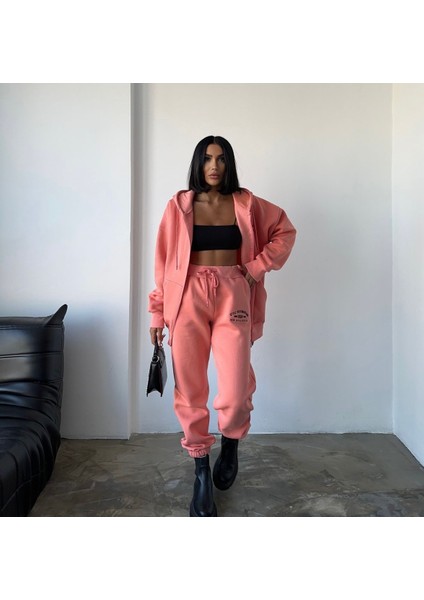 Özel Tasarım Kapüşonlu Tam Fermuarlı 3 Iplik Şardonlu Pamuk Kışlık Şık Kadın Eşofman Takımı