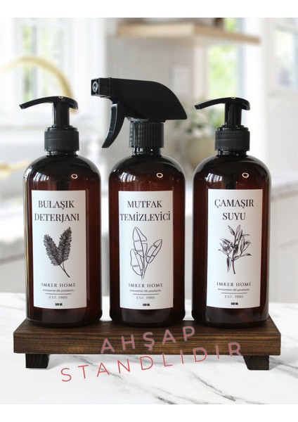 Ahşap Stantlı Amber Plastik Pompalı Bulaşık Deterjanı Fısfıslı Mutfak Temizleyici Çamaşır Suyu Şişesi 500 ml