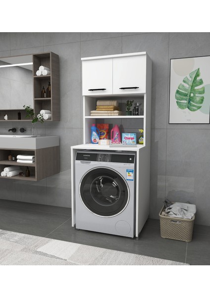 Enda Home Çamaşır Makinesi Dolabı 3 Raflı Kapaklı Banyo Dolabı Beyaz