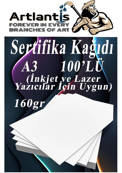 A3 Sertifika Kağıdı Kalın 100 Adet Gramajlı Fotokopi Kağıdı 160 gr Tüm Yazıcılara Uyumlu 29.7X42 cm Kalın Baskı Kağıdı