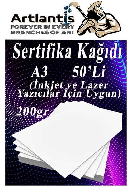 A3 Sertifika Kağıdı Kalın 50 Adet Gramajlı Fotokopi Kağıdı 200 gr Tüm Yazıcılara Uyumlu 29.7X42 cm Kalın Baskı Kağıdı