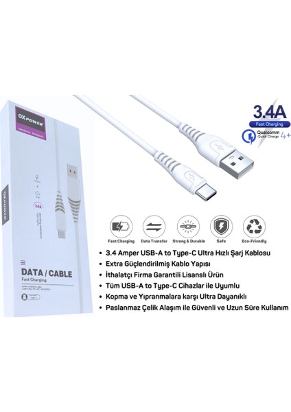 Oppo K5 Uyumlu 3.4 Amper 2 Metre Ultra Hızlı Type-C Şarj Kablosu - İthalatçı Garantili