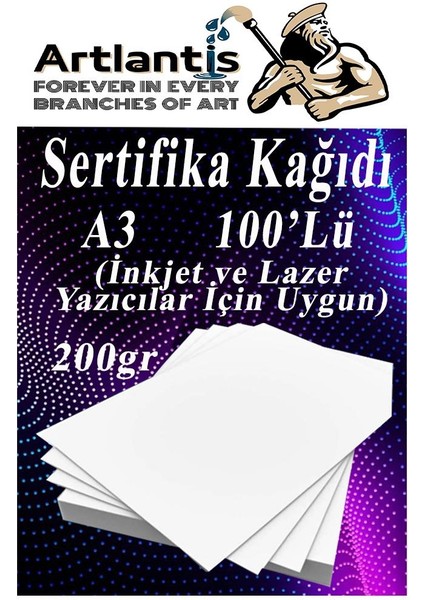 A3 Sertifika Kağıdı Kalın 100 Adet Gramajlı Fotokopi Kağıdı 200 gr Tüm Yazıcılara Uyumlu 29.7X42 cm Kalın Baskı Kağıdı