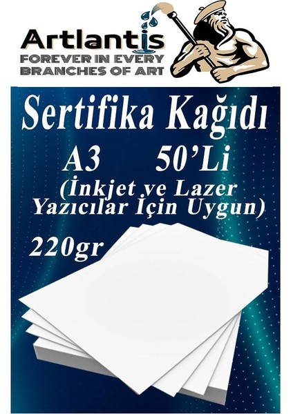 A3 Sertifika Kağıdı Kalın 50 Adet Gramajlı Fotokopi Kağıdı 220 gr Tüm Yazıcılara Uyumlu 29.7X42 cm Kalın Baskı Kağıdı