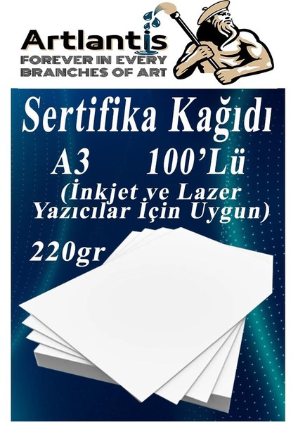 A3 Sertifika Kağıdı Kalın 100 Adet Gramajlı Fotokopi Kağıdı 220 gr Tüm Yazıcılara Uyumlu 29.7X42 cm Kalın Baskı Kağıdı