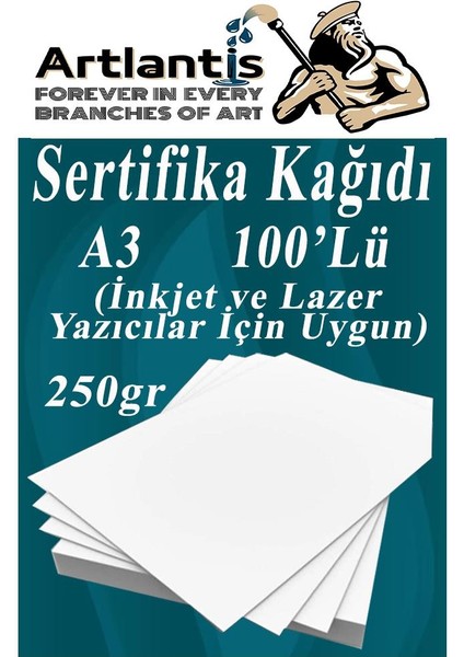 A3 Sertifika Kağıdı Kalın 100 Adet Gramajlı Fotokopi Kağıdı 250 gr Tüm Yazıcılara Uyumlu 29.7X42 cm Kalın Baskı Kağıdı