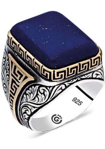 Gümüş Koyu Mavi Lapis Taşlı Kare Erkek Yüzük