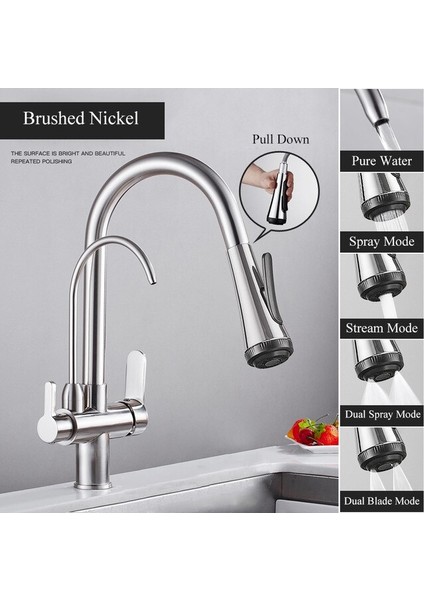 Mutfak Evye Bataryası Dual Flow Su Arıtma Çıkışlı Yeni Mat Krom Nikel+4 Farklı Mod Ayarlı