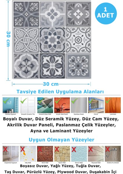 1Adet 3 Boyutlu Seramik Görünümlü Kendinden Yapışkanlı Karo Pvc Mutfak Tezgah Kaplama 30 cm × 30 cm