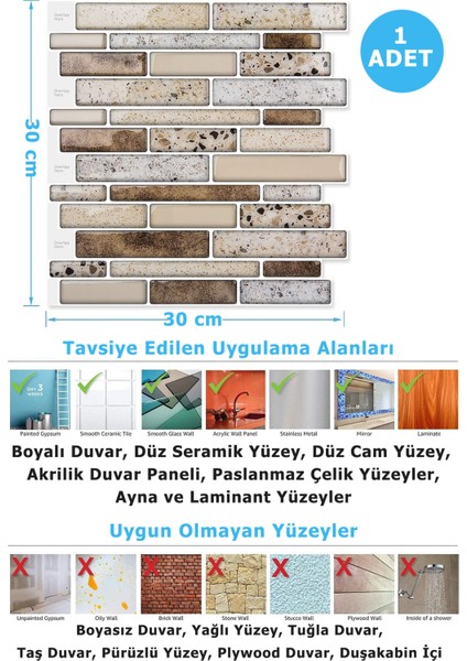 1Adet 3 Boyutlu Mozaik Görünümlü Kendinden Yapışkanlı Karo Pvc Mutfak Tezgah Kaplama 30 cm × 30 cm