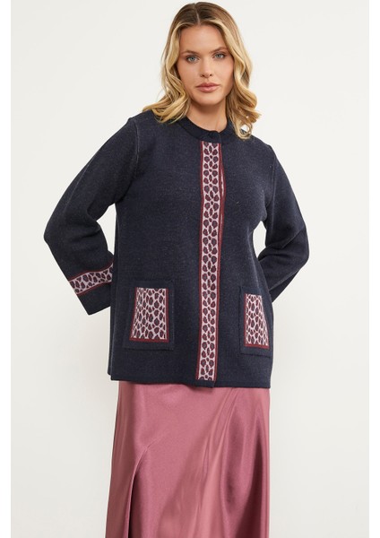 Leopar Detaylı Geniş Kalıp Triko Hırka - Lacivert modelleri