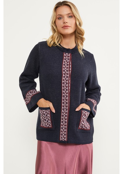 Leopar Detaylı Geniş Kalıp Triko Hırka - Lacivert indirimleri