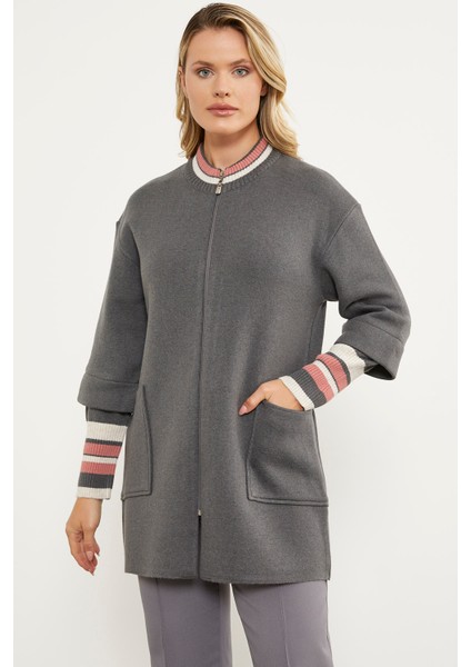 Çelik Örgü Çizgi Detaylı Triko Ceket - Koyu Gri