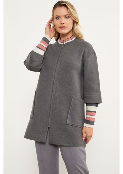 Çelik Örgü Çizgi Detaylı Triko Ceket - Koyu Gri fiyatları