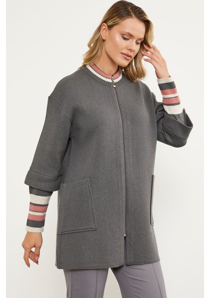 Çelik Örgü Çizgi Detaylı Triko Ceket - Koyu Gri modelleri