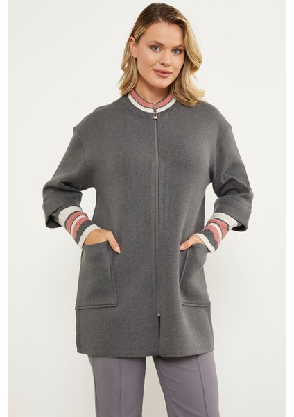 Çelik Örgü Çizgi Detaylı Triko Ceket - Koyu Gri fırsatları
