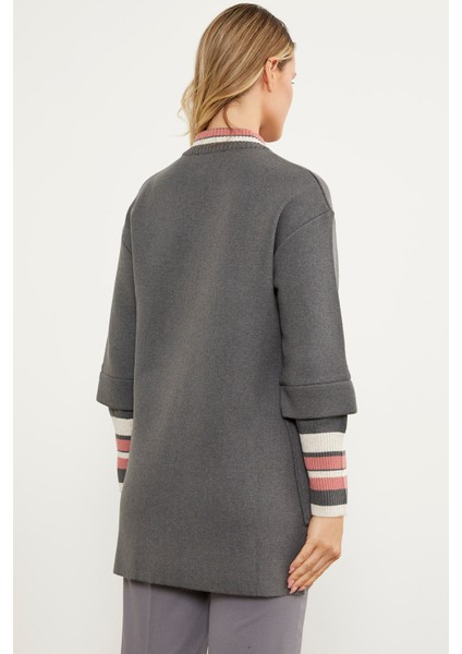 Çelik Örgü Çizgi Detaylı Triko Ceket - Koyu Gri indirimleri