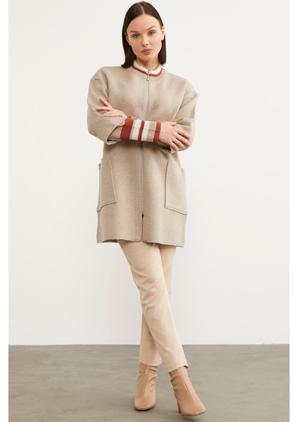 Çelik Örgü Çizgi Detaylı Triko Ceket - Vizon