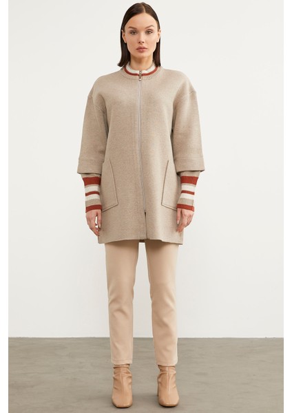 Çelik Örgü Çizgi Detaylı Triko Ceket - Vizon fiyatları