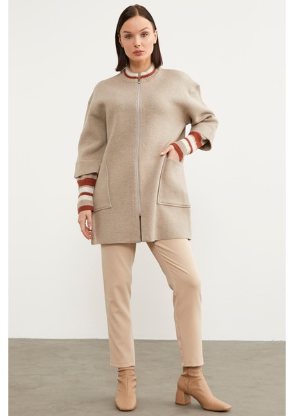 Çelik Örgü Çizgi Detaylı Triko Ceket - Vizon modelleri