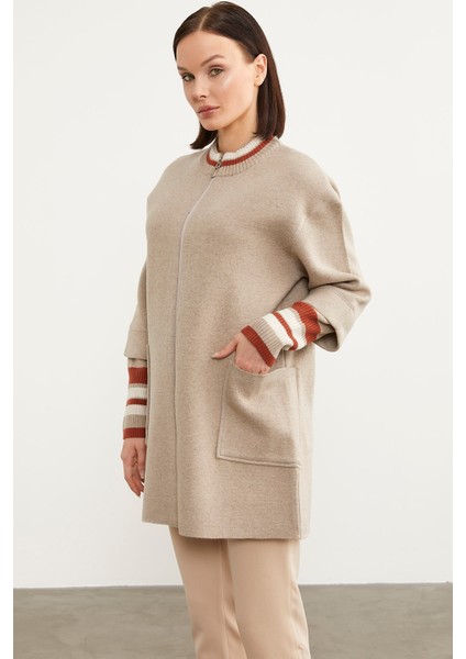 Çelik Örgü Çizgi Detaylı Triko Ceket - Vizon fırsatları