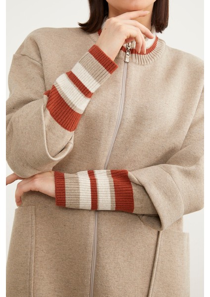 Çelik Örgü Çizgi Detaylı Triko Ceket - Vizon indirimleri