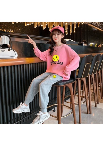 Özel Tasarım Kapüşonlu Drew Emoji Baskılı Pamuk 3 İplik Kışlık Kız Çocuk Eşofman Takımı