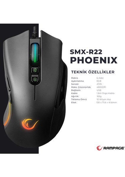 SMX-R22 PHOENIX Siyah 7 Tuşlu RGB 7200DPI Gaming Oyuncu Mouse