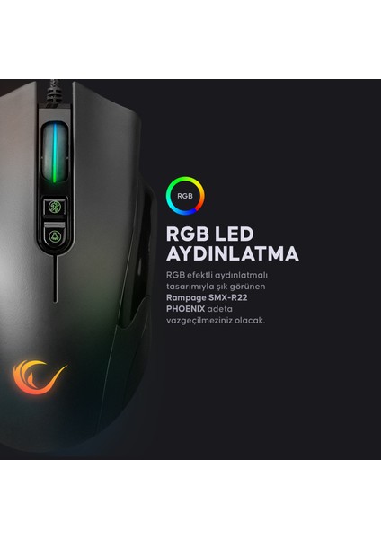 SMX-R22 PHOENIX Siyah 7 Tuşlu RGB 7200DPI Gaming Oyuncu Mouse