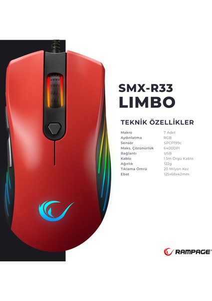 SMX-R33 Lımbo Makrolu Siyah/kırmızı 6400DPI Rgb Ledli Gaming Oyuncu Mouse