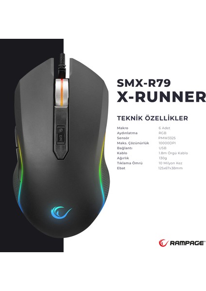 SMX-R79 X-Runner Rgb 10000DPI Oyuncu Mouse