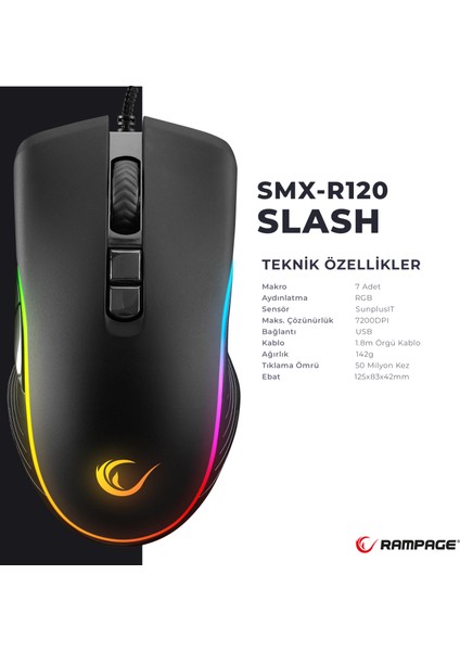 SMX-R120 SLASH 4800 dpi RGB Ledli Makrolu Gaming Oyuncu Mouse