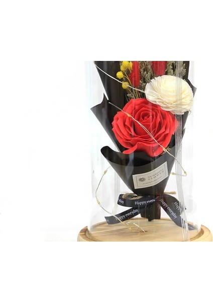 Fanus Gül 28/14CM Cam Fanus LED Işıklı Hediyelik