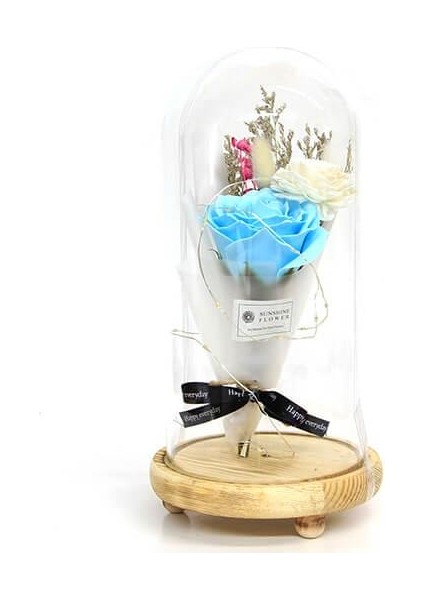 Fanus Gül 28/14CM Cam Fanus LED Işıklı Hediyelik