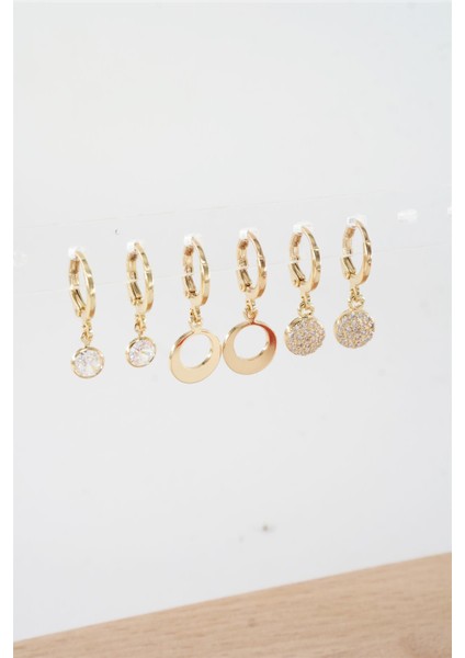 Kadın Zirkon Taşlı Sallantılı Oval Figürlü Klipsli 6'lı Küpe Seti