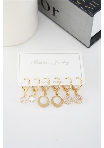 Kadın Zirkon Taşlı Sallantılı Oval Figürlü Klipsli 6'lı Küpe Seti modelleri