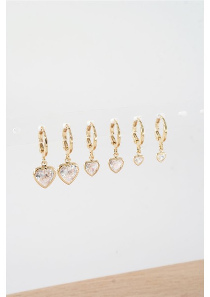 Kadın Zirkon Taşlı Sallantılı Kalp Figürlü Klipsli 6'lı Küpe Seti