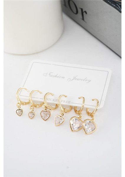 Kadın Zirkon Taşlı Sallantılı Kalp Figürlü Klipsli 6'lı Küpe Seti fiyatları