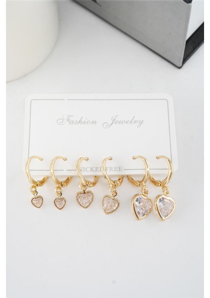 Kadın Zirkon Taşlı Sallantılı Kalp Figürlü Klipsli 6'lı Küpe Seti modelleri
