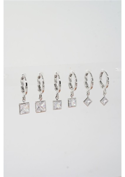 Kadın Zirkon Taşlı Sallantılı Kare Figürlü Klipsli 6'lı Küpe Seti