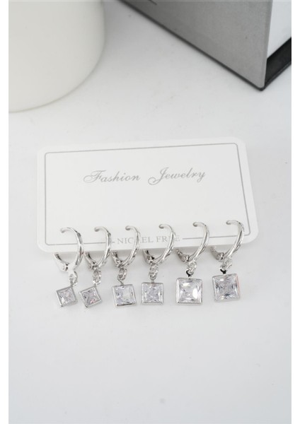 Kadın Zirkon Taşlı Sallantılı Kare Figürlü Klipsli 6'lı Küpe Seti fiyatları