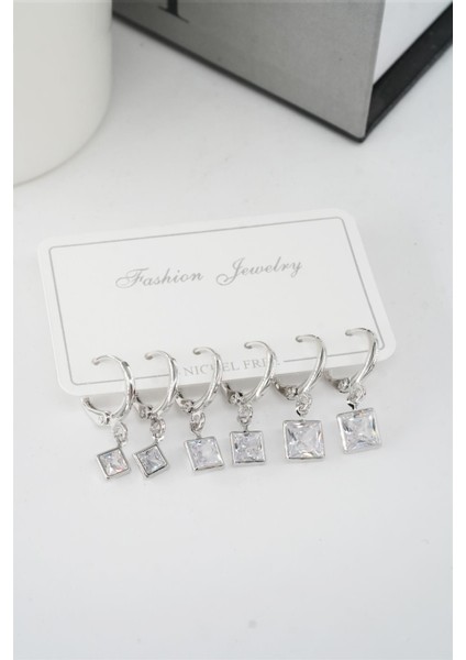 Kadın Zirkon Taşlı Sallantılı Kare Figürlü Klipsli 6'lı Küpe Seti modelleri