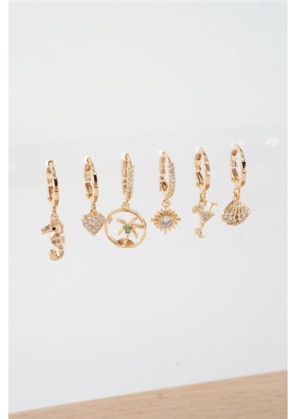 Kadın Vip Seri Mix Zirkon Taşlı 6'lı Küpe Seti