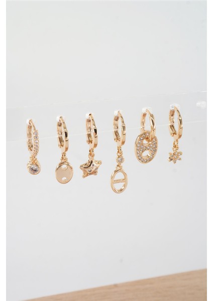 Kadın Vip Seri Mix Zirkon Taşlı 6'lı Küpe Seti