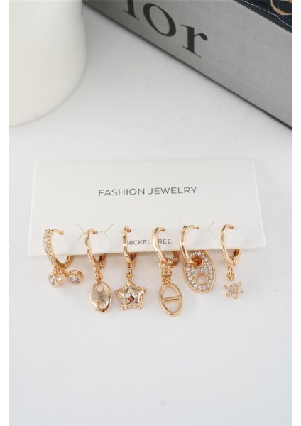 Kadın Vip Seri Mix Zirkon Taşlı 6'lı Küpe Seti modelleri