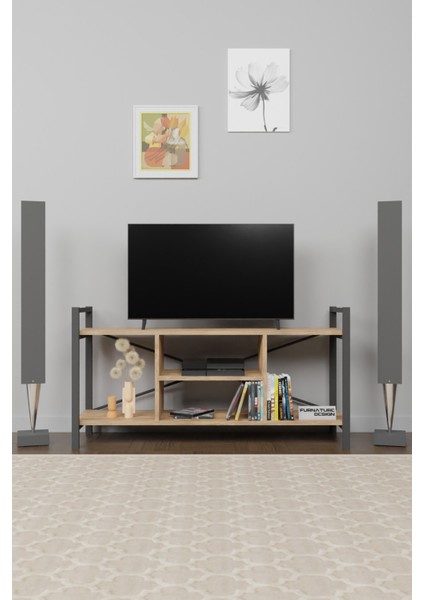 Tv Ünitesi Raflı Metal Ayaklı Tv Sehpası Atlantik Çam