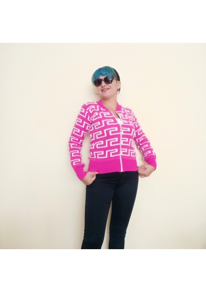 Labirent Desenli Fermuarlı Pembe Hırka
