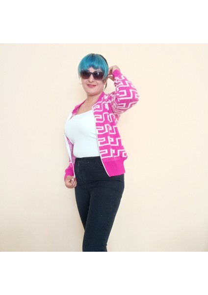 Labirent Desenli Fermuarlı Pembe Hırka