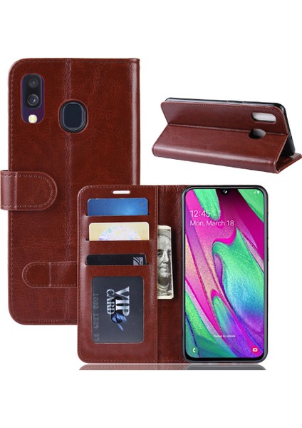 Crazy Horse Pu Deri Flip Stand Cep Telefonu Kapak Samsung Galaxy A40 Için Cüzdanlı (Yurt Dışından)