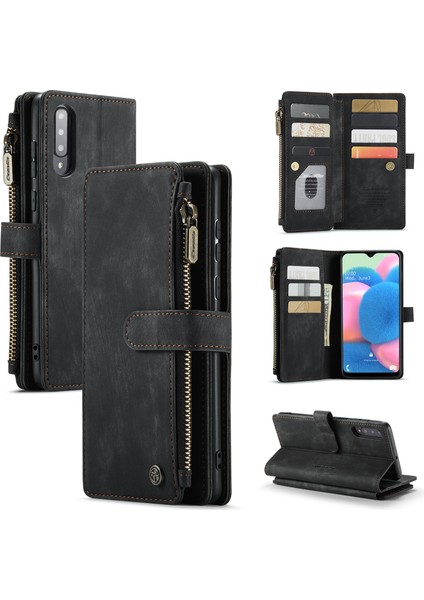 Samsung Galaxy A30S/A50/A50S Için Stand Standı Tasarım Pu Deri Telefon Kılıfı Zipper Cep Cüzdan Telefon Kapağı - Siyah (Yurt Dışından)